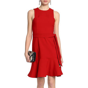 Red Belted Fluted Crepe Cocktail Dress